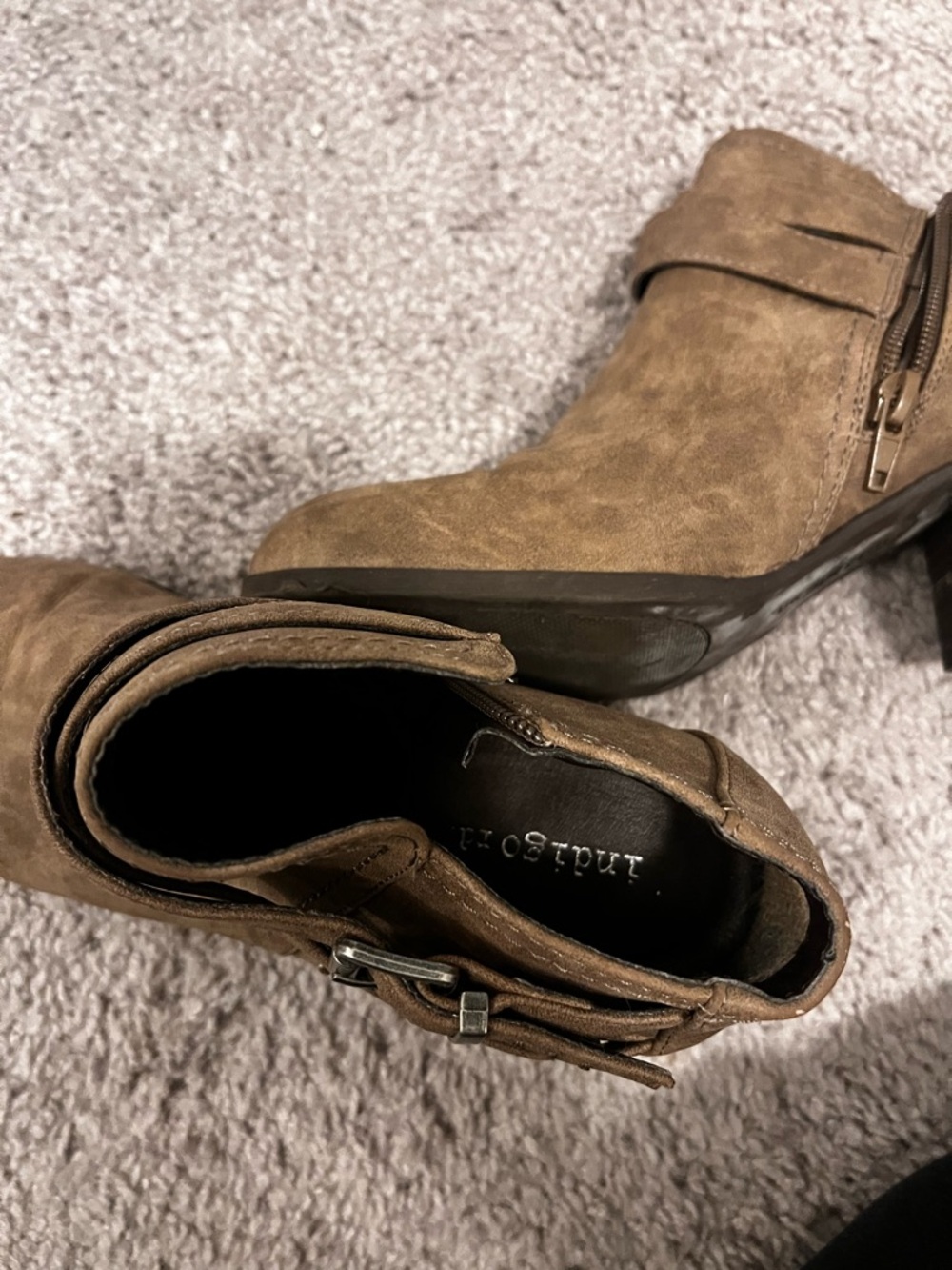 Indigo Chestnut Brown Suede Ankle Booties with Buckle Straps - Picture 4 of 7